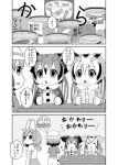  +_+ 4girls animal_ears banging blush_stickers bow bowtie bucket_hat can closed_eyes coat comic commentary_request elbow_gloves eurasian_eagle_owl_(kemono_friends) feather_trim flapping food food_on_face fork gloves greyscale hair_flaps hat head_wings highres holding holding_fork holding_spoon kaban_(kemono_friends) kemono_friends long_sleeves monochrome multiple_girls northern_white-faced_owl_(kemono_friends) open_can open_mouth sazanami_konami serval_(kemono_friends) serval_ears shirt short_hair short_sleeves shorts skirt t-shirt translation_request triangle_mouth wristband 