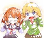  2girls akama_zenta blonde_hair blue_eyes brown_hair closed_eyes commentary_request crossover girls_und_panzer green_jacket grin hair_ornament hairclip ikazuchi_(kantai_collection) jacket kantai_collection katyusha long_sleeves mouth_pull multiple_girls neckerchief open_mouth pleated_skirt red_neckerchief school_uniform serafuku short_hair skirt smile teeth 