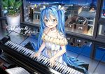  1girl artist_name bare_shoulders blue_eyes blue_hair blush breasts city cleavage eyebrows_visible_through_hair hair_ribbon hatsune_miku instrument long_hair looking_at_viewer medium_breasts music night parted_lips piano plant playing_instrument popuru potted_plant ribbon sheet_music smile twintails vocaloid white_ribbon 