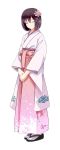  1girl brown_hair closed_eyes floral_print flower full_body hair_flower hair_ornament hakama hands_together japanese_clothes kagoshima_(oshiro_project) kimono lily_pad long_sleeves meiji_schoolgirl_uniform official_art oshiro_project oshiro_project_re pink_hakama short_hair standing tabi transparent_background tsukumo v_arms white_legwear wide_sleeves zouri 