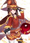  1girl bangs black_choker black_gloves black_legwear blush brown_hair button_eyes cape commentary_request cowboy_shot embers fingerless_gloves flat_chest foreshortening gloves hat holding holding_hat kono_subarashii_sekai_ni_shukufuku_wo! looking_at_viewer magic megumin red_cape red_eyes red_robe short_hair_with_long_locks smile smug solo staff thigh-highs wasabi60 witch witch_hat 