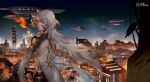  1girl aircraft airship blurry brown_eyes building city city_lights cityscape dark depth_of_field fantasy fire fori lipstick long_hair looking_at_viewer magic makeup night original science_fiction sky skyscraper solo upper_body white_hair 