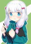  1girl 3: bangs blue_eyes blush bow closed_mouth eromanga_sensei eyebrows_visible_through_hair green_background hair_bow highres holding izumi_sagiri jacket long_hair looking_at_viewer pink_bow solo stylus suzuki_moeko tablet tareme two-tone_background upper_body white_background white_hair 