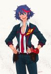  1girl breasts cleavage collarbone crossdressinging full_body gloves hands_on_hips herokick highlights holster kill_la_kill living_clothes matoi_ryuuko messy_hair multicolored_hair school_uniform senketsu short_hair single_glove streaked_hair suspenders 