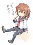  1girl akama_zenta black_legwear brown_eyes brown_hair commentary_request fang food hair_ornament hairclip ikazuchi_(kantai_collection) kantai_collection long_sleeves looking_at_viewer motion_lines neckerchief open_mouth pantyhose pleated_skirt popsicle red_neckerchief school_uniform serafuku short_hair simple_background sitting skirt solo translation_request white_background 
