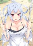  1girl ahoge bare_shoulders blue_eyes blush breasts cleavage commentary_request hair_ornament holding large_breasts long_hair looking_at_viewer matoi_(pso2) milkpanda open_mouth phantasy_star phantasy_star_online_2 red_eyes ribbon silver_hair solo twintails 