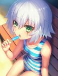  1girl assassin_of_black bench breasts fate/apocrypha fate_(series) food green_eyes highres kaina_(tsubasakuronikuru) looking_at_viewer one-piece_swimsuit open_mouth popsicle scar short_hair silver_hair sitting small_breasts solo striped striped_swimsuit swimsuit 
