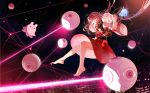  1girl bangs bare_shoulders barefoot cityscape detached_sleeves dress drone floating_hair flying from_side full_body lingcat long_hair night night_sky original pink_hair profile red_dress red_eyes sky smile solo star_(sky) starry_sky wide_sleeves 