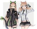  &gt;:d 2girls :d a821 arm_up bangs black_gloves black_shorts blonde_hair blue_eyes blue_panties bow brown_hair cat_ear_headphones cat_tail cowboy_shot fingerless_gloves girls_frontline gloves green_bow green_eyes green_ribbon grey_gloves hair_between_eyes half_gloves hands_up headphones idw_(girls_frontline) jacket long_hair looking_at_viewer multiple_girls open_mouth panties paw_pose ribbon short_shorts shorts sleeves_rolled_up smile sparkle speech_bubble suspender_shorts suspenders tail tail_bow tail_ribbon teeth thigh_strap tmp_(girls_frontline) twintails underwear very_long_hair 