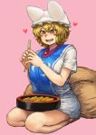  1girl absurdres animal_ears blonde_hair blush chanta_(ayatakaoisii) chopsticks commentary dress eyebrows_visible_through_hair food food_request fox_ears fox_tail full_body hair_between_eyes hat heart highres holding_chopsticks looking_down monochrome_background multiple_tails open_mouth pillow_hat pink_background seiza short_hair simple_background sitting slit_pupils smile solo tabard tail touhou white_dress yakumo_ran yellow_eyes 