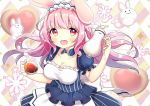  1girl animal_ears argyle argyle_background bangs blue_dress blush breasts cup dress eyebrows_visible_through_hair floating_hair frills holding holding_cup long_hair looking_at_viewer maid maid_headdress medium_breasts open_mouth original pink_hair puffy_short_sleeves puffy_sleeves rabbit rabbit_ears red_eyes short_sleeves smile solo suzuki_moeko tareme teacup teapot teeth upper_body 