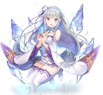  1girl bare_shoulders bent_knees blush boots braid breasts crystal detached_sleeves dress elf emilia_(re:zero) flower full_body hair_flower hair_ornament hair_ribbon hayama_eishi long_hair long_sleeves looking_at_viewer medium_breasts open_mouth pointy_ears re:zero_kara_hajimeru_isekai_seikatsu ribbon short_dress silver_hair solo thigh-highs thigh_boots violet_eyes white_boots white_dress wide_sleeves 