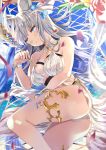  1girl animal_ears ass bangs bikini blue_eyes blurry blush breasts collarbone depth_of_field erun_(granblue_fantasy) eyebrows_visible_through_hair granblue_fantasy hammock hand_up highres holding korwa large_breasts light_smile long_hair looking_at_viewer lying ocean on_side outdoors parted_lips silver_hair smile solo swimsuit thighs white_bikini xephonia 