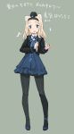  1girl aleksandra_i_pokryshkin animal_ears bear_ears black_legwear blonde_hair blue_eyes blush brave_witches commentary_request full_body garrison_cap hairband hat long_hair long_sleeves looking_at_viewer microphone music musical_note open_mouth pantyhose shimada_fumikane simple_background singing smile solo translation_request world_witches_series 