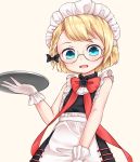  blonde_hair blue_eyes g36_(girls_frontline) girls_frontline glasses highres looking_at_viewer maid_headdress open_mouth ribbon short_hair solo tray younger 