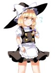  1girl :| apron blonde_hair blush bow braid closed_mouth commentary embarrassed flying_sweatdrops hair_bow hair_ribbon hat hat_bow kirisame_marisa looking_away miniskirt puffy_short_sleeves puffy_sleeves ribbon short_hair short_sleeves shy side_braid single_braid skirt solo touhou tress_ribbon vest waist_apron witch_hat wrist_cuffs yellow_eyes yururi_nano 