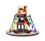  bare_arms blonde_hair bow brown_shoes chair drinking drinking_straw flandre_scarlet hair_bow kneehighs kunochai looking_at_viewer miniskirt pixel_art red_bow red_eyes red_skirt shoes side_ponytail simple_background sitting sitting_backwards skirt touhou white_background white_legwear wings 