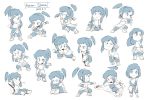  1girl alternate_hairstyle avatar_(series) character_sheet chibi element_bending fighting_stance hair_down hands_on_hips highres korra looking_at_viewer monochrome multiple_views nemurism pelt ponytail sitting smile solo the_legend_of_korra water 
