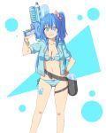  1girl bare_legs belt bikini bikini_under_clothes blue_eyes blue_hair breasts cleavage collarbone cowboy_shot hair_ornament hand_on_hip hand_up highres holding holding_weapon holster hood hood_down hoodie inuno_rakugaki leg_tattoo long_hair looking_at_viewer navel original over_shoulder scrunchie short_sleeves side-tie_bikini side-tie_bottom side_ponytail smile solo standing star stomach striped striped_bikini swimsuit tattoo thigh_holster water_gun weapon weapon_over_shoulder wrist_scrunchie 