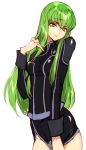  1girl breasts c.c. code_geass creayus green_hair groin long_hair looking_at_viewer simple_background solo white_background yellow_eyes 
