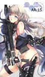  1girl :p ar-15 assault_rifle asymmetrical_legwear bangs blue_eyes character_name copyright_name cowboy_shot deeple eyebrows_visible_through_hair from_side girls_frontline grey_hair gun half-closed_eyes jacket korean long_hair looking_at_viewer open_clothes open_jacket parted_lips rifle single_thighhigh solo st_ar-15_(girls_frontline) thigh-highs thigh_strap thighs tongue tongue_out weapon 