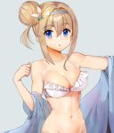  1girl bikini blue_eyes breasts cleavage eyebrows_visible_through_hair frill_trim girls_frontline grey_background hair_between_eyes hair_bun hair_ornament hairband halterneck light_brown_hair medium_breasts navel parted_lips short_hair shovelwell side_bun simple_background solo suomi_kp31_(girls_frontline) swimsuit white_bikini 