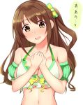  1girl alternate_costume bare_shoulders blush breasts brown_eyes brown_hair cleavage commentary_request h3po4_chiba idolmaster idolmaster_cinderella_girls large_breasts long_hair looking_at_viewer navel one_side_up shimamura_uzuki side_ponytail solo swimsuit translated upper_body 