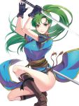  1girl arms_up bare_legs black_gloves blue_dress boots breasts brown_boots closed_mouth dress earrings fingerless_gloves fire_emblem fire_emblem:_rekka_no_ken floating_hair full_body gloves green_eyes green_hair high_ponytail highres holding holding_katana holding_sword holding_weapon jewelry katana kokouno_oyazi large_breasts legs long_hair looking_at_viewer lyndis_(fire_emblem) matching_hair/eyes nintendo pelvic_curtain ponytail sheath shiny shiny_katana shiny_sword shiny_weapon short_sleeves side_slit smile solo squatting sword weapon 