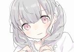 1girl bangs blouse blush closed_mouth eyebrows_visible_through_hair grey_hair hands_up long_hair looking_down original pink_eyes simple_background sketch solo suzuki_moeko twintails upper_body white_background white_blouse 