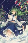  1girl bare_shoulders detached_sleeves frog_hair_ornament hair_ornament hair_tubes highres kochiya_sanae long_hair looking_at_viewer open_mouth ringocha shooting_star snake solo touhou 