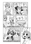  +_+ 4girls animal_ears blush_stickers bow bowl bowtie bucket_hat can can_opener closed_eyes coat comic eating elbow_gloves eurasian_eagle_owl_(kemono_friends) feather_trim flapping food food_on_face fork fruit gloves greyscale hair_flaps hand_on_own_cheek hands_on_own_cheeks hands_on_own_face hat head_wings highres holding holding_fork holding_spoon kaban_(kemono_friends) kemono_friends leaning_forward long_sleeves looking_back melon monochrome multiple_girls northern_white-faced_owl_(kemono_friends) open_mouth opening_can paw_pose serval_(kemono_friends) serval_ears serval_print serval_tail shirt short_hair short_sleeves sleeveless sleeveless_shirt smile spoon tail translation_request 