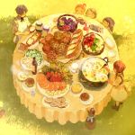  apple apron basket bottle bowl bread brown_hair cheese child cucumber dog egg food from_above fruit glass grass hamburger hat holding jar knife multiple_boys multiple_girls original plate pon_(cielo) pot redhead round_table smile soup standing steam table tray 