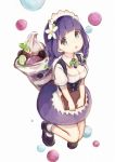  1girl :o apron black_shoes blue_eyes bow bowtie braid breasts bubble cleavage commentary_request detached_collar eyebrows_visible_through_hair flower hair_flower hair_ornament long_hair looking_at_viewer maid maid_apron maid_headdress mary_janes medium_breasts open_mouth original parfait purple_hair sencha_(senta_10) shoes socks solo twin_braids white_background white_legwear wing_collar 