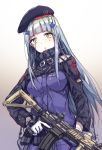  1girl aningay assault_rifle bangs beret facial_mark girls_frontline gloves gradient gradient_background green_eyes gun hat heckler_&amp;_koch highres hk416 hk416_(girls_frontline) holding holding_gun holding_weapon jacket long_hair looking_at_viewer military military_uniform parted_lips rifle sidelocks silver_hair solo teardrop trigger_discipline uniform upper_body weapon white_gloves 