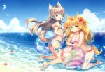  2girls animal_ears anklet ass bangs barefoot beach bikini blonde_hair blue_bikini blue_eyes blue_sky blush breasts capura_lin closed_mouth clouds cloudy_sky day eyebrows_visible_through_hair food fox_ears fox_tail frilled_bikini frills green_eyes half-closed_eyes halter_top halterneck holding holding_food innertube jewelry kneeling lens_flare long_hair looking_at_viewer medium_breasts multiple_girls ocean open_mouth original outdoors petals pink_bikini popsicle sky small_breasts smile swimsuit tail teeth thighs two_side_up wavy_hair 
