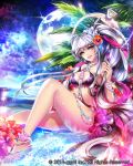  1girl anklet bikini blush breasts cleavage eu_(euspia) eyebrows_visible_through_hair flower hair_flower hair_ornament high_ponytail jewelry large_breasts long_hair looking_at_viewer maboroshi_juuhime moon parted_lips silver_hair sitting smile solo swimsuit teeth yellow_eyes 