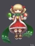  1girl artist_name bell blonde_hair blush boots bow brown_boots brown_eyes closed_mouth eyebrows_visible_through_hair gift gloves green_scarf hair_bow highres kouka_(mrakano5456) looking_at_viewer original puffy_short_sleeves puffy_sleeves red_bow ribbon scarf short_hair short_sleeves short_twintails smile solo twintails white_gloves yellow_ribbon 