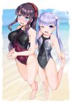  2girls 8000 barefoot black_swimsuit blue_eyes blush breasts brown_hair competition_swimsuit flat_chest from_above hair_ribbon large_breasts long_hair looking_at_viewer multiple_girls new_game! one-piece_swimsuit one_eye_closed ponytail purple_hair red_ribbon ribbon suzukaze_aoba swimsuit takimoto_hifumi twintails violet_eyes wavy_mouth 