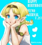  1girl birthday blonde_hair blue_eyes braid dated elf happy_birthday highres juno_bernal looking_at_viewer open_mouth pointy_ears pop-up_story solo twin_braids twitter_username umino_kiri 