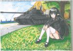  3girls absurdres allenes black_hair blue_eyes blue_hair clouds entwicklung_75 flower ground_vehicle highres long_hair military military_vehicle motor_vehicle multiple_girls original skirt sky smile tank traditional_media tree white_hair white_legwear 