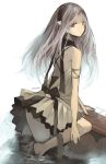  1girl backless_outfit bangs brown_eyes closed_mouth dated expressionless grey_hair headphones knee_up long_hair looking_at_viewer looking_back original pleated_skirt rayvon simple_background skirt solo white_background white_skirt 