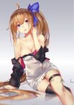  1girl arm_support artist_name bangs bare_shoulders blonde_hair breasts camisole character_name cleavage collarbone commentary_request copyright_name cross fal_(girls_frontline) girls_frontline gradient gradient_background hand_on_own_shoulder head_tilt jacket legs_crossed long_hair looking_at_viewer medium_breasts off_shoulder open_mouth openvl side_ponytail single_thighhigh sitting solo strap_slip thigh-highs thigh_strap very_long_hair violet_eyes 