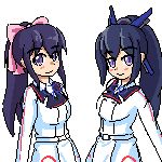  2girls animated animated_gif blue_hair blush bow breasts character_request cleavage copyright_request cosplay hair_bow kantai_collection limebarrel long_hair lowres multiple_girls noihara_himari omamori_himari pixel_art ponytail smile standing tagme violet_eyes yamato_(kantai_collection) yamato_(kantai_collection)_(cosplay) 