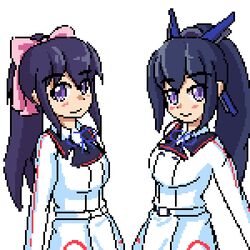  2girls animated animated_gif blue_hair blush bow breasts character_request cleavage copyright_request cosplay hair_bow kantai_collection limebarrel long_hair lowres multiple_girls noihara_himari omamori_himari pixel_art ponytail smile standing tagme violet_eyes yamato_(kantai_collection) yamato_(kantai_collection)_(cosplay) 