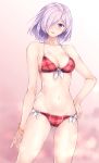  1girl ass_visible_through_thighs bikini bracelet breasts cowboy_shot fate/grand_order fate_(series) follen_(639594) front-tie_top hair_over_one_eye highres jewelry looking_at_viewer medium_breasts navel plaid plaid_bikini purple_hair red_bikini shielder_(fate/grand_order) short_hair side-tie_bikini solo standing swimsuit violet_eyes 