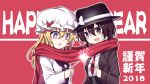  2018 2girls blonde_hair bow brown_coat brown_eyes brown_hair chinese_new_year coat commentary_request fedora hair_bow happy_new_year hat hat_bow holding jacket koissa long_hair long_sleeves maribel_hearn mob_cap multiple_girls necktie new_year open_mouth red_background red_bow red_neckwear red_scarf scarf shared_scarf short_hair simple_background smile touhou translated upper_body usami_renko violet_eyes white_bow white_jacket 