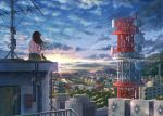  1girl bird clouds cloudy_sky commentary evening flock from_behind green_skirt highres hill horizon k_ryo landscape long_hair on_roof original outdoors pink_shirt radio_antenna radio_tower scenery shirt short_sleeves sitting skirt sky solo sunset town 
