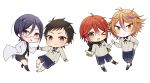  4boys aina123 atsushi_toushirou black_hair brown_eyes brown_hair chibi glasses gotou_toushirou green_eyes grey_eyes hand_in_pocket hands_together labcoat male_focus multicolored_hair multiple_boys open_mouth redhead scarf shinano_toushirou shorts smile streaked_hair touken_ranbu violet_eyes yagen_toushirou 