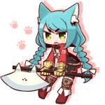  1girl 7th_dragon 7th_dragon_(series) animal_ears axe blue_hair boots bow braid brown_boots cat_ears character_request chibi eyebrows_visible_through_hair full_body green_eyes hair_bow holding holding_axe holding_weapon long_hair looking_at_viewer naga_u open_mouth solo teeth twin_braids weapon white_bow 