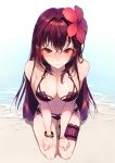  1girl beach bikini blush bracelet breasts cleavage closed_mouth fate/grand_order fate_(series) flower from_above frown hair_between_eyes hair_flower hair_ornament hands_on_own_thighs highres hplay jewelry leg_garter long_hair looking_at_viewer medium_breasts navel outdoors purple_bikini purple_hair red_eyes scathach_(fate/grand_order) scathach_(swimsuit_assassin)_(fate) seiza sitting solo swimsuit very_long_hair 